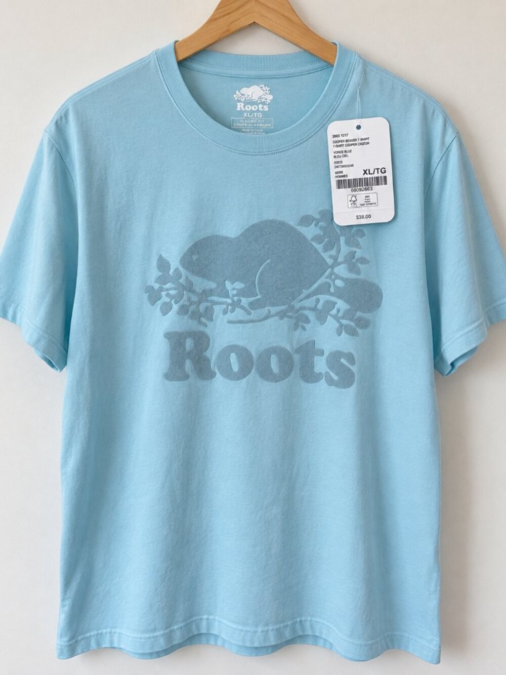 Roots Cooper Beaver T-Shirt Men’s XL Light Blue Flocked Logo NWT